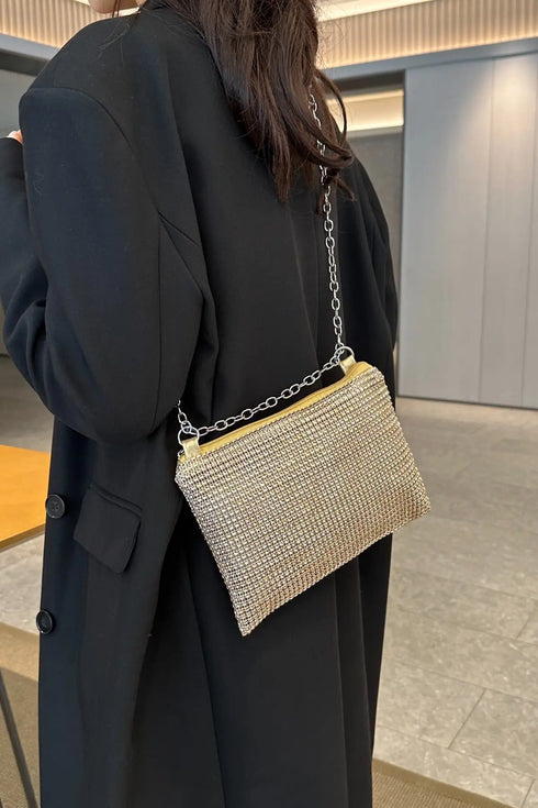 'Aya' Metal Chain Rhinestone Crossbody Bag - Celes Fashion